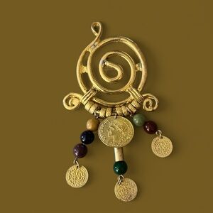 Swirly Gold Tone Brooch Dangling Beads & Coins Vintage